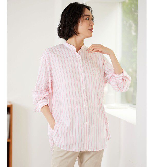 自由区「【洗える】SOMELOSテンセルバンドカラー シャツ」|シャツ・ブラウス|オフ&times;ピンク
