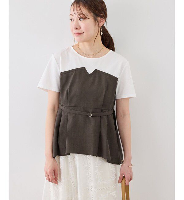 Rope&rsquo;Picnic「【cahoさんコラボ】低身長・小柄さんサイズ エアリーリネンライク ドッキングカットトップス」|Tシャツ・カットソー|