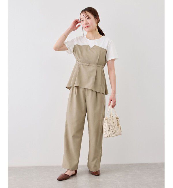 Rope&rsquo;Picnic「【cahoさんコラボ】低身長・小柄さんサイズ エアリーリネンライク ドッキングカットトップス」|Tシャツ・カットソー|