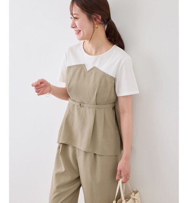 Rope&rsquo;Picnic「【cahoさんコラボ】低身長・小柄さんサイズ エアリーリネンライク ドッキングカットトップス」|Tシャツ・カットソー|