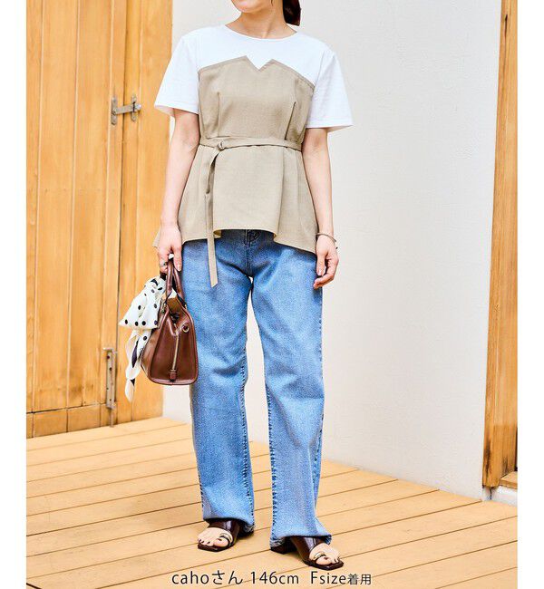 Rope&rsquo;Picnic「【cahoさんコラボ】低身長・小柄さんサイズ エアリーリネンライク ドッキングカットトップス」|Tシャツ・カットソー|