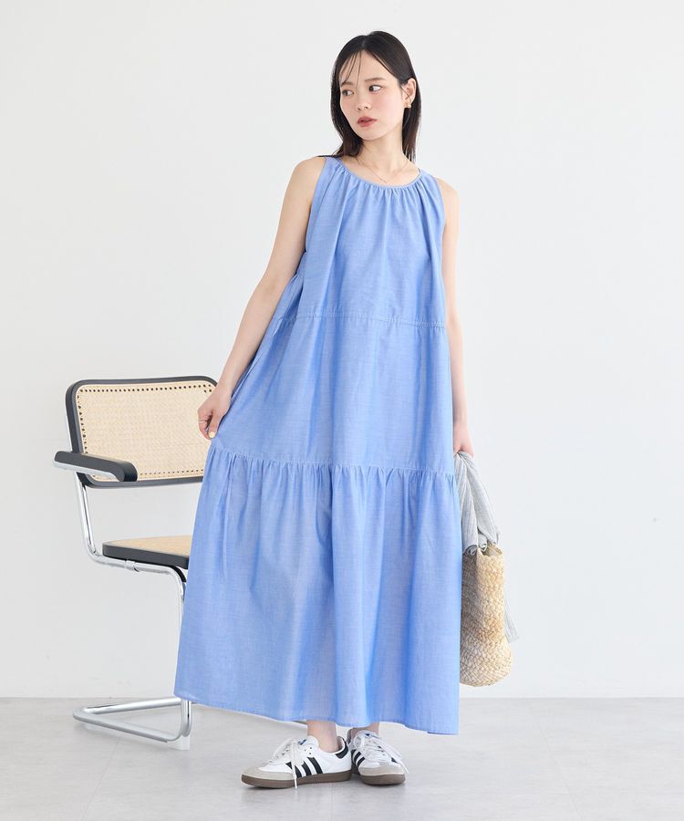 earth music&ecology「ギャザーノースリーブワンピース」|ワンピース|Blue