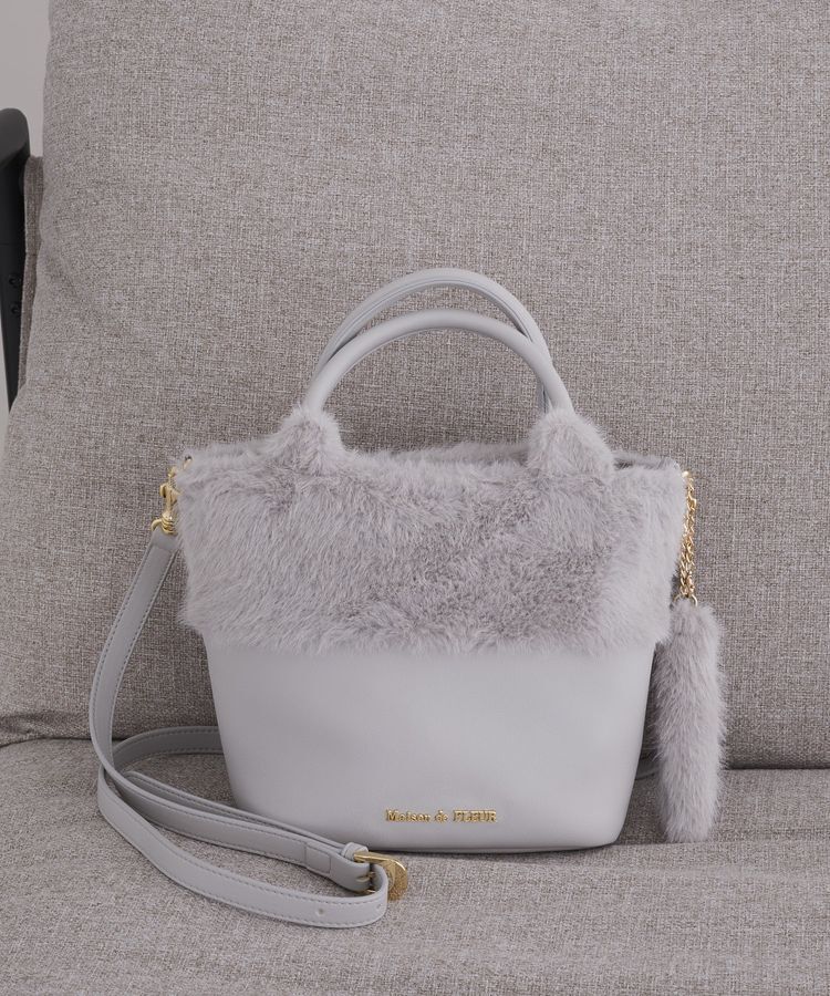 Maison de FLEUR「ねこフェイクファーバッグ」|ハンドバッグ|ライトグレー