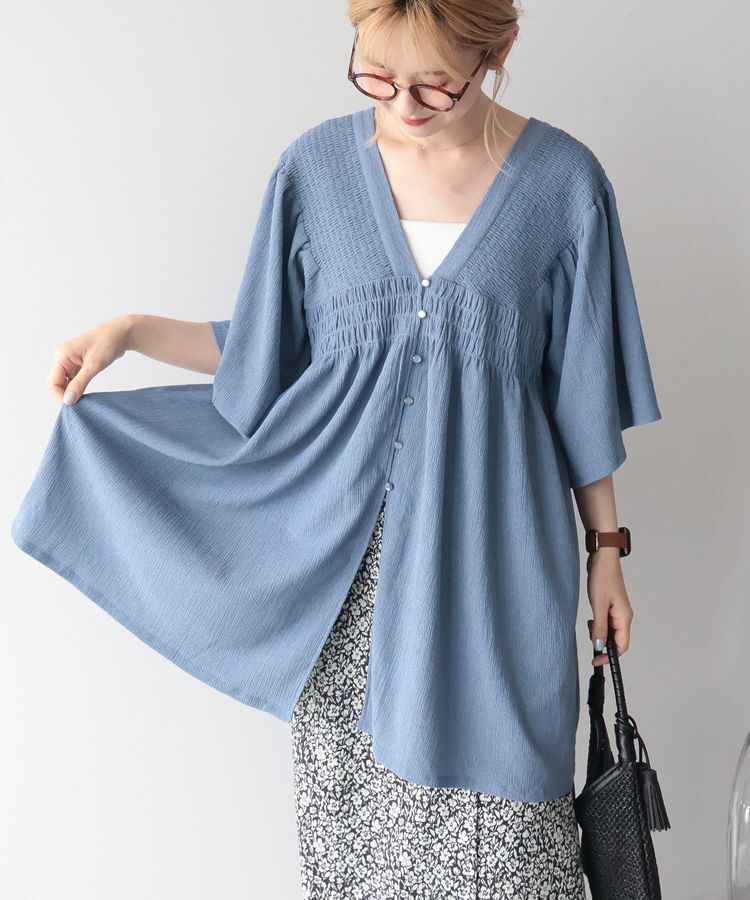 AMERICAN HOLIC「【WEB限定】前後2WAYVネックシャーリングチュニックブラウス【吸水速乾・イージーケア】」|Tシャツ・カットソー|Blue