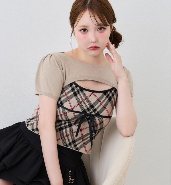  「ボレロsetチェックキャミニット」|ニット・セーター|ベージュ