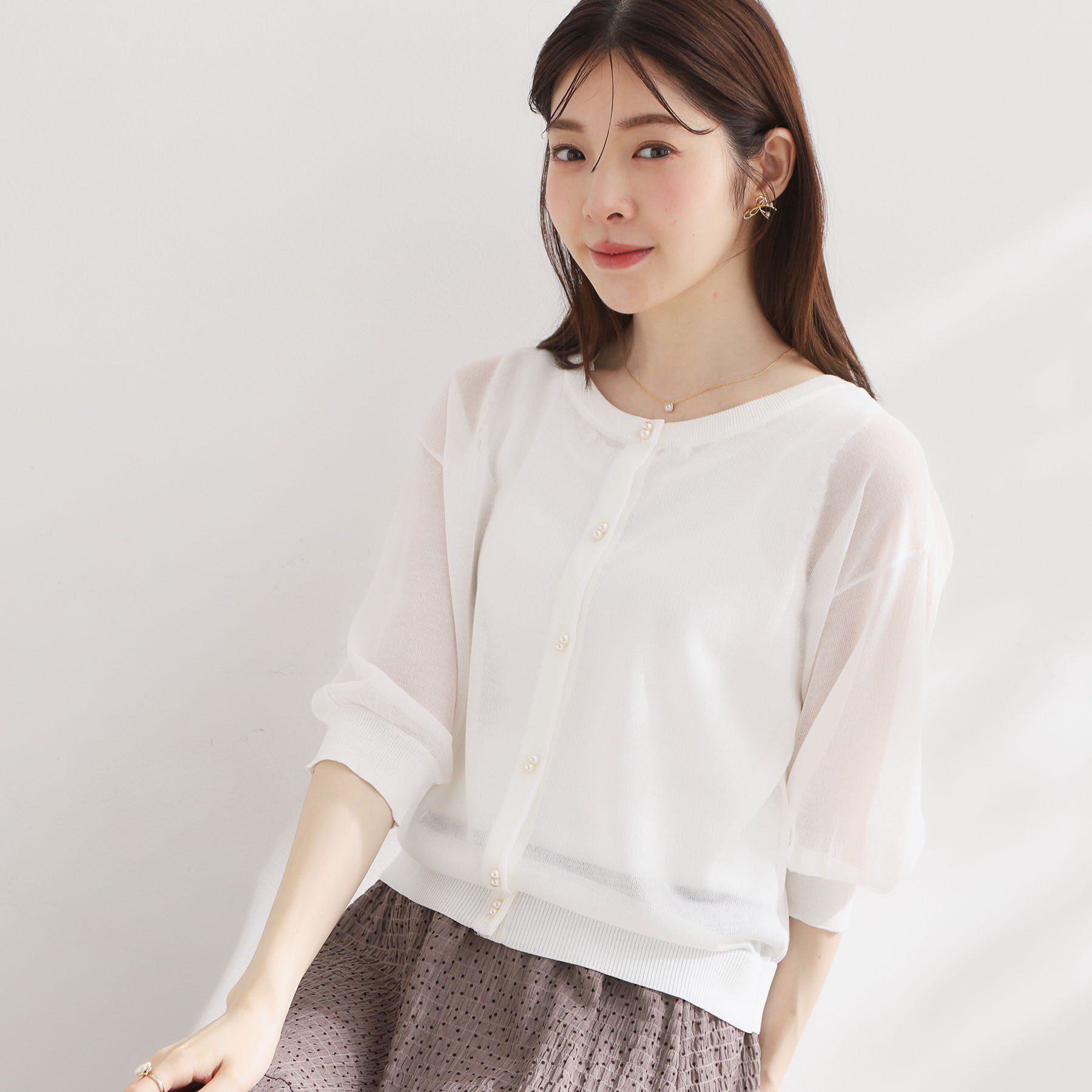Couture broach「【前後2WAY・洗える】愛され5分袖シアーカーディガン」|カーディガン|