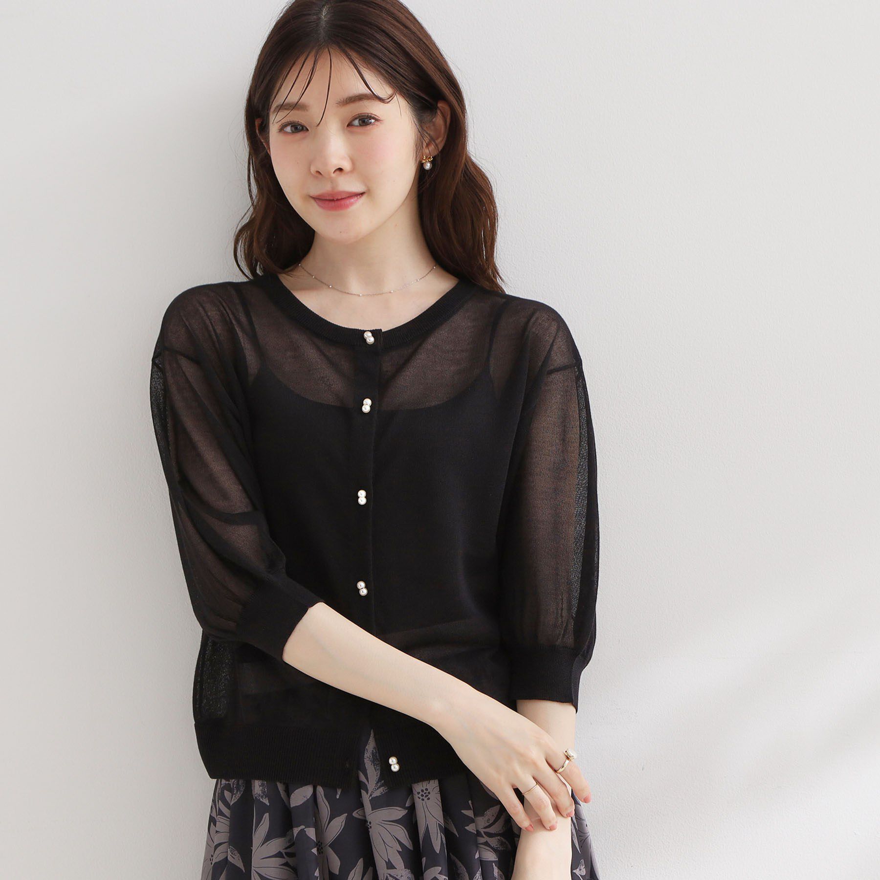 Couture broach「【前後2WAY・洗える】愛され5分袖シアーカーディガン」|カーディガン|
