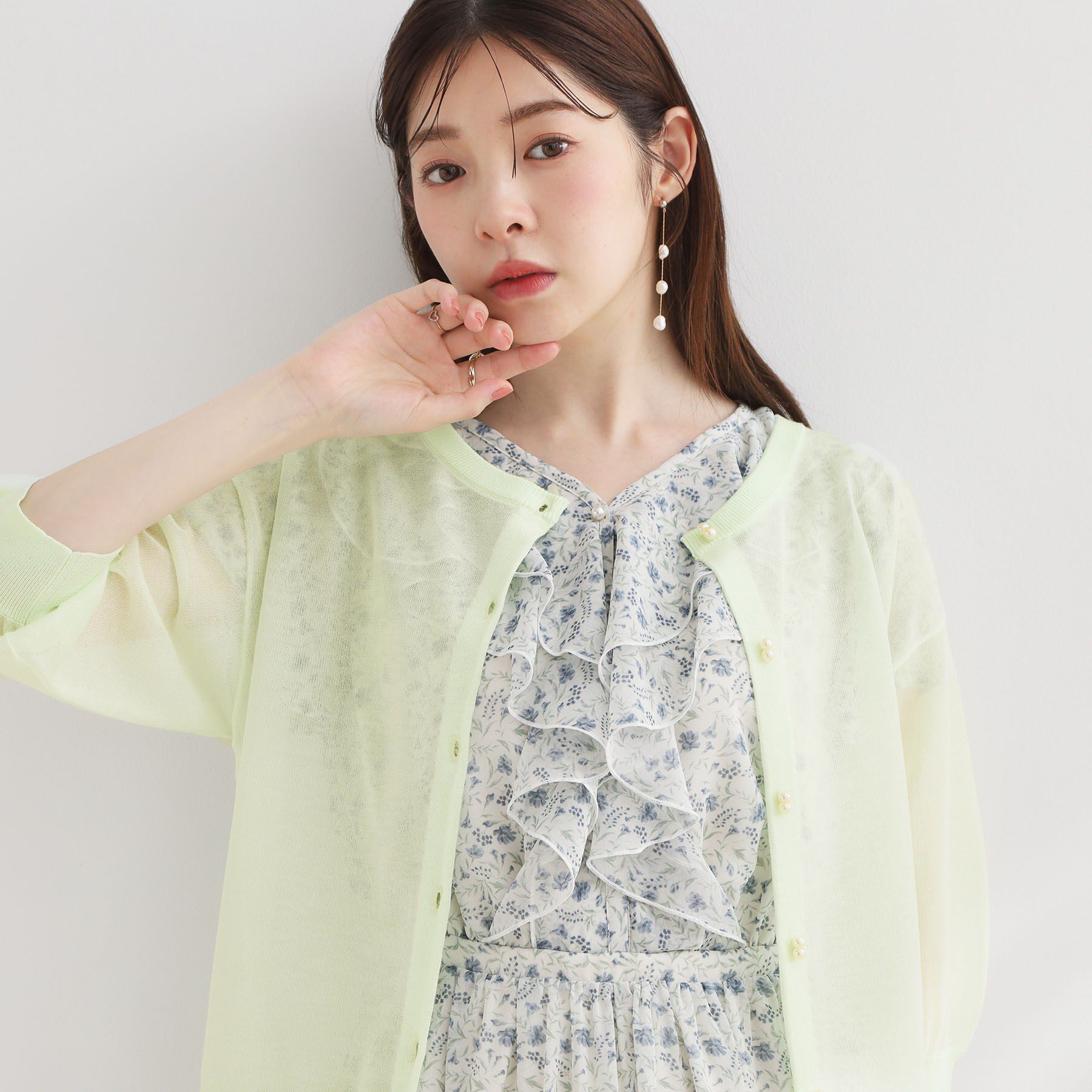 Couture broach「【前後2WAY・洗える】愛され5分袖シアーカーディガン」|カーディガン|