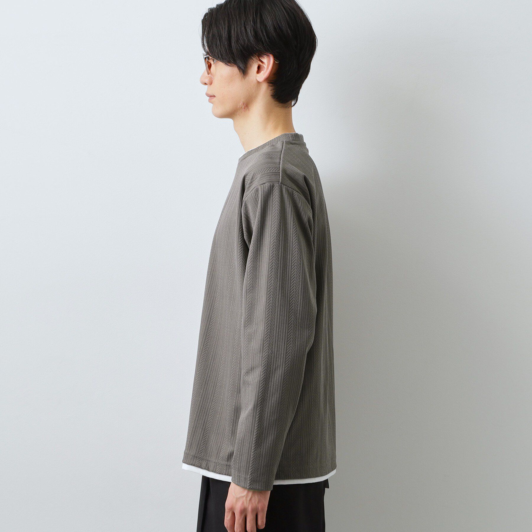 THE SHOP TK「【程よく品のある着こなし】ジャカード フェイクレイヤード長袖Tシャツ 洗濯機OK」|Tシャツ・カットソー|