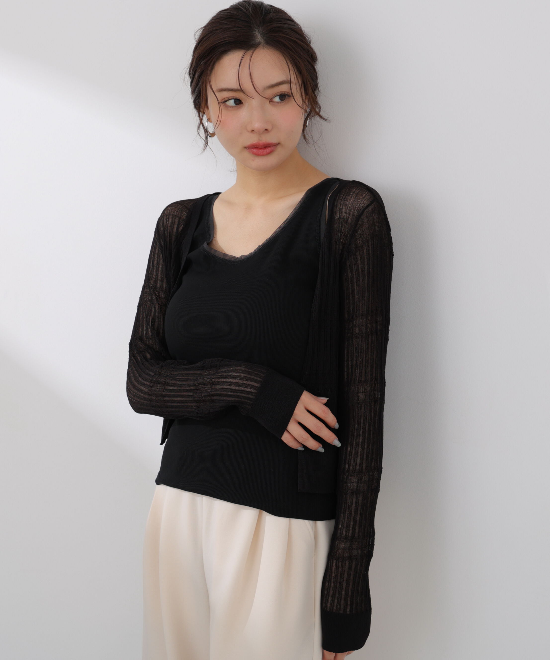 PROPORTION BODY DRESSING「〈a/mie〉変わり織透かし編みカーディガン 26SS」|ニット・セーター|ブラック