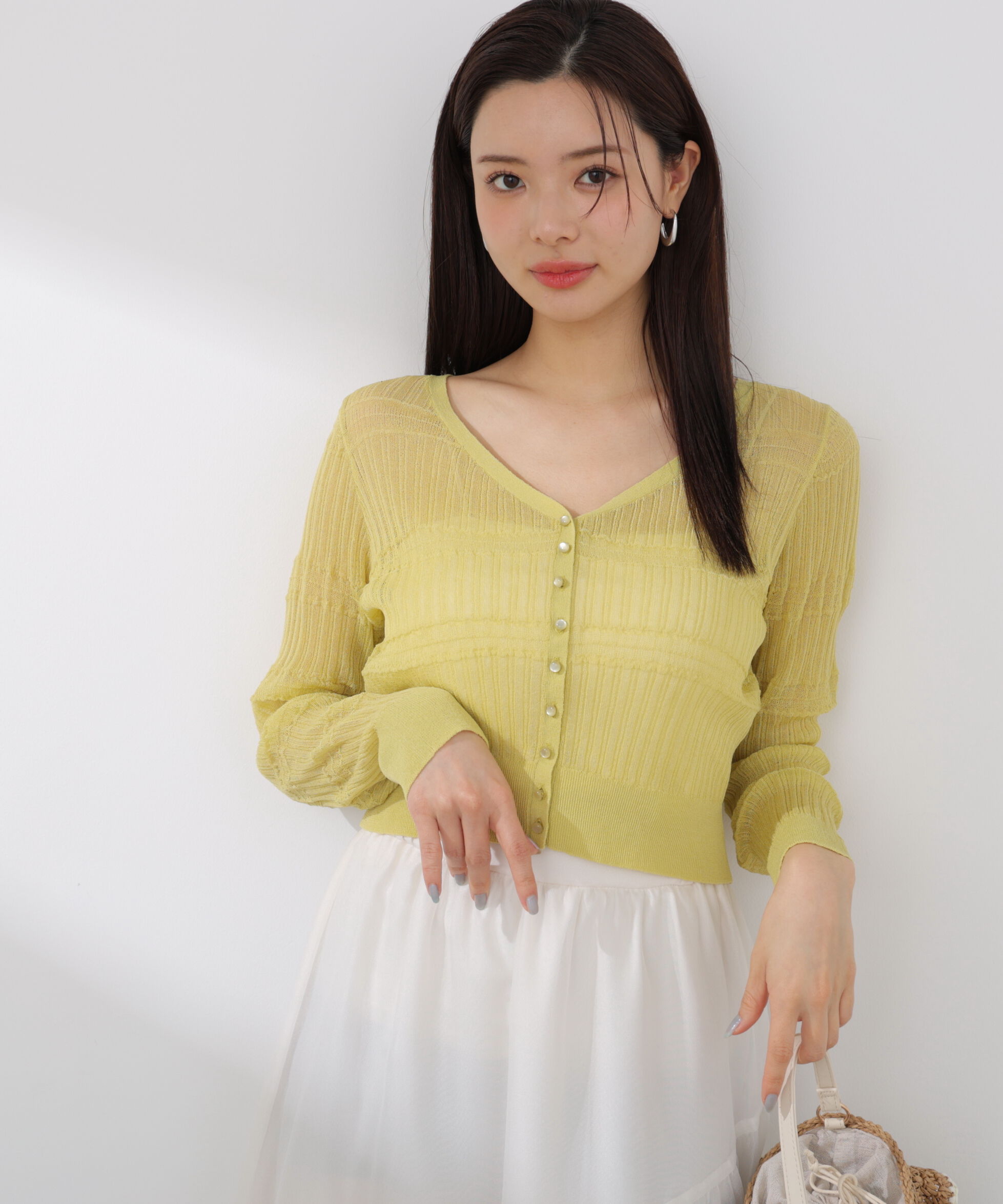 PROPORTION BODY DRESSING「〈a/mie〉変わり織透かし編みカーディガン 26SS」|ニット・セーター|イエロー