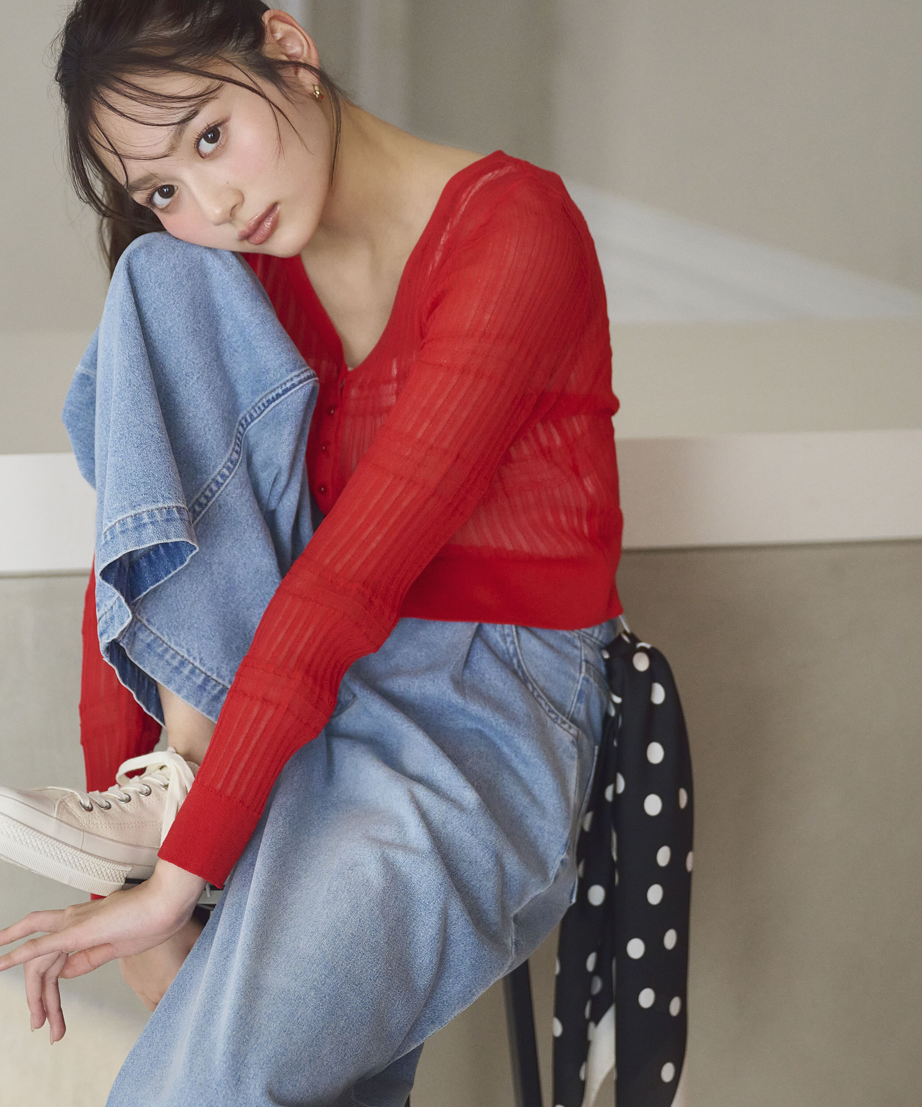 PROPORTION BODY DRESSING「〈a/mie〉変わり織透かし編みカーディガン 26SS」|ニット・セーター|レッド