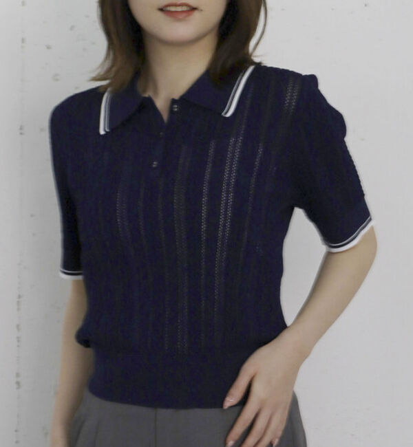 archives「【高機能】配色透かし編みポロニットプルオーバー」|ニット・セーター|