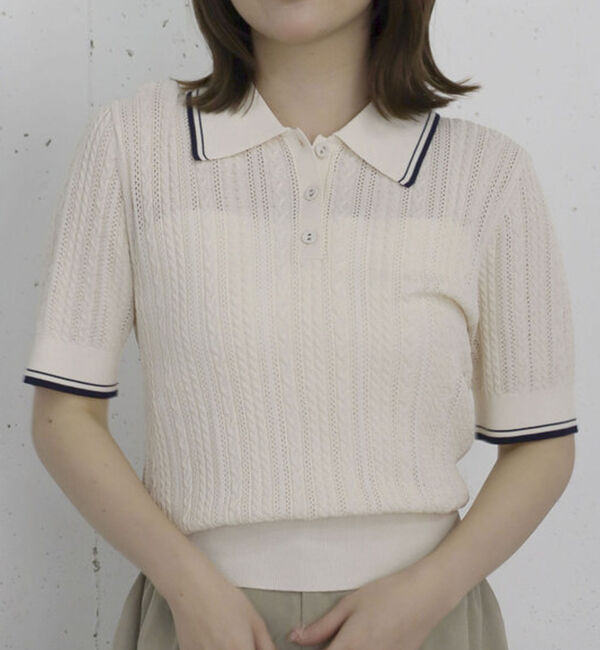archives「【高機能】配色透かし編みポロニットプルオーバー」|ニット・セーター|IVORY