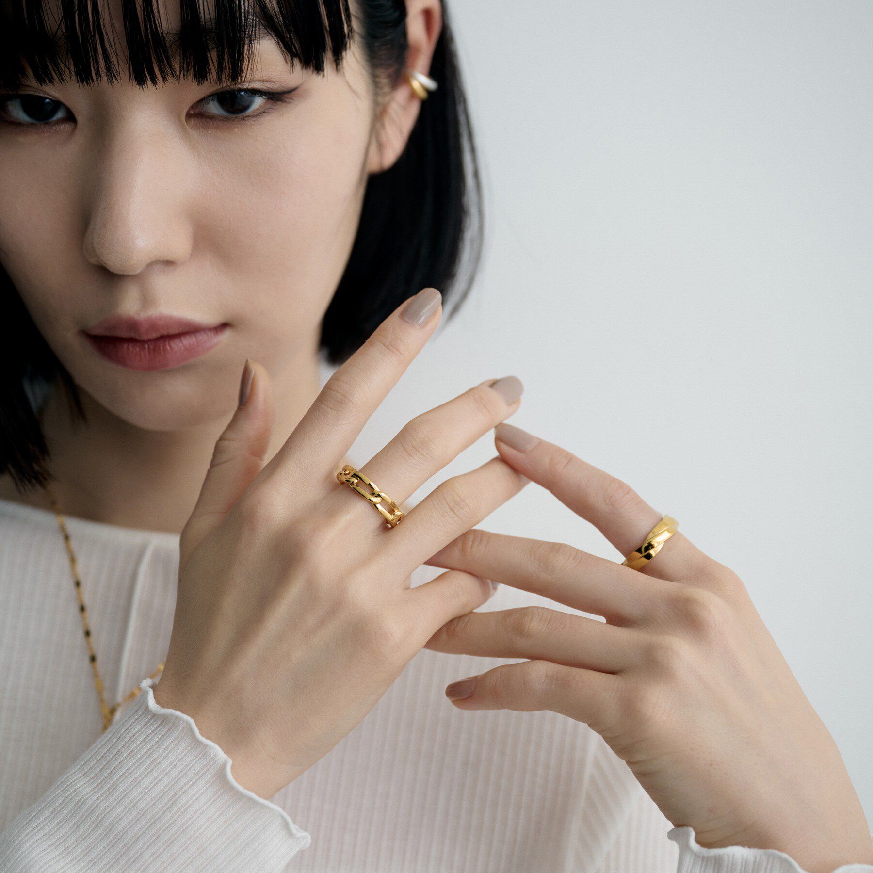 COCOSHNIK ONKITSCH「シルバー ロングカーブチェーンモチーフリング（16号、18号） GP」|リング|