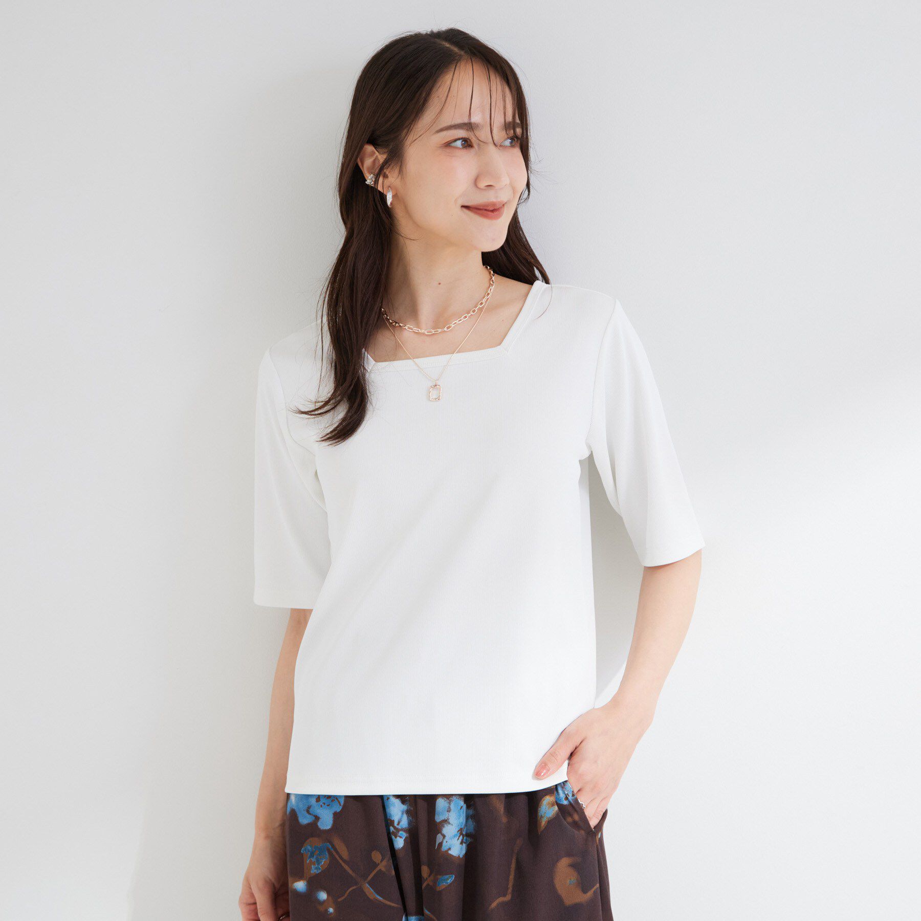 SHOO･LA･RUE「【ひんやり/前後2WAY/S-LL】着回しやすい 5分袖テレコトップス」|Tシャツ・カットソー|