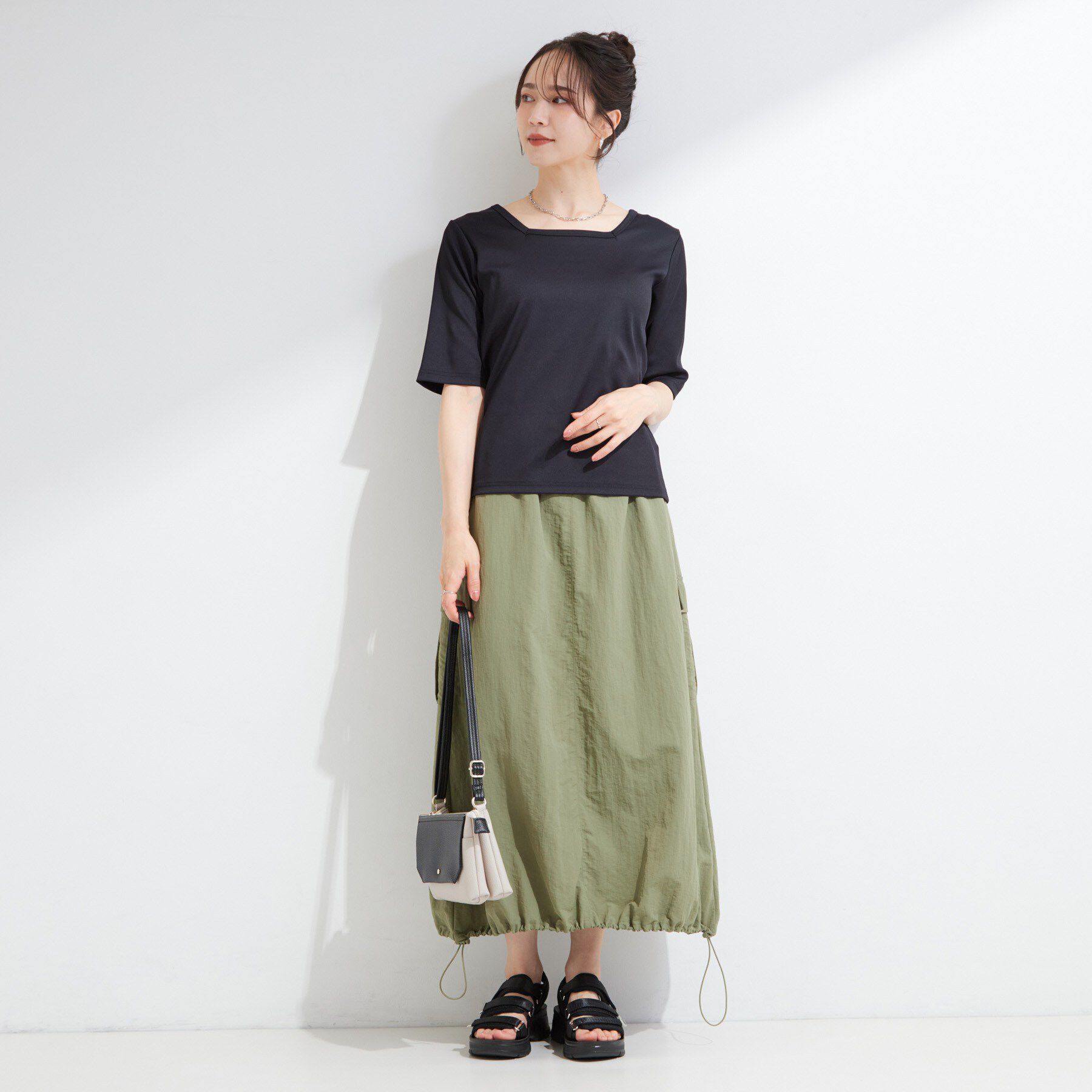 SHOO･LA･RUE「【ひんやり/前後2WAY/S-LL】着回しやすい 5分袖テレコトップス」|Tシャツ・カットソー|