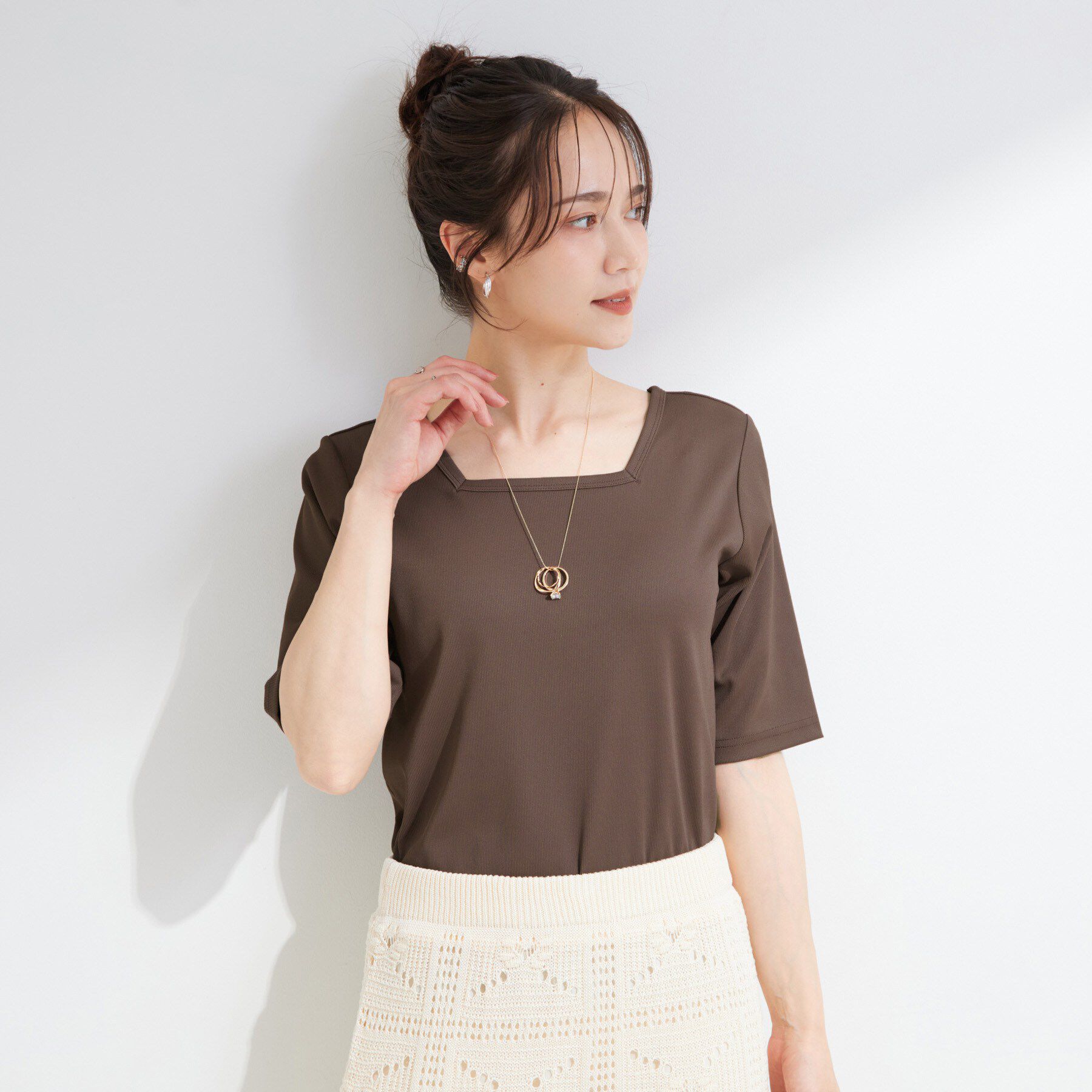 SHOO･LA･RUE「【ひんやり/前後2WAY/S-LL】着回しやすい 5分袖テレコトップス」|Tシャツ・カットソー|
