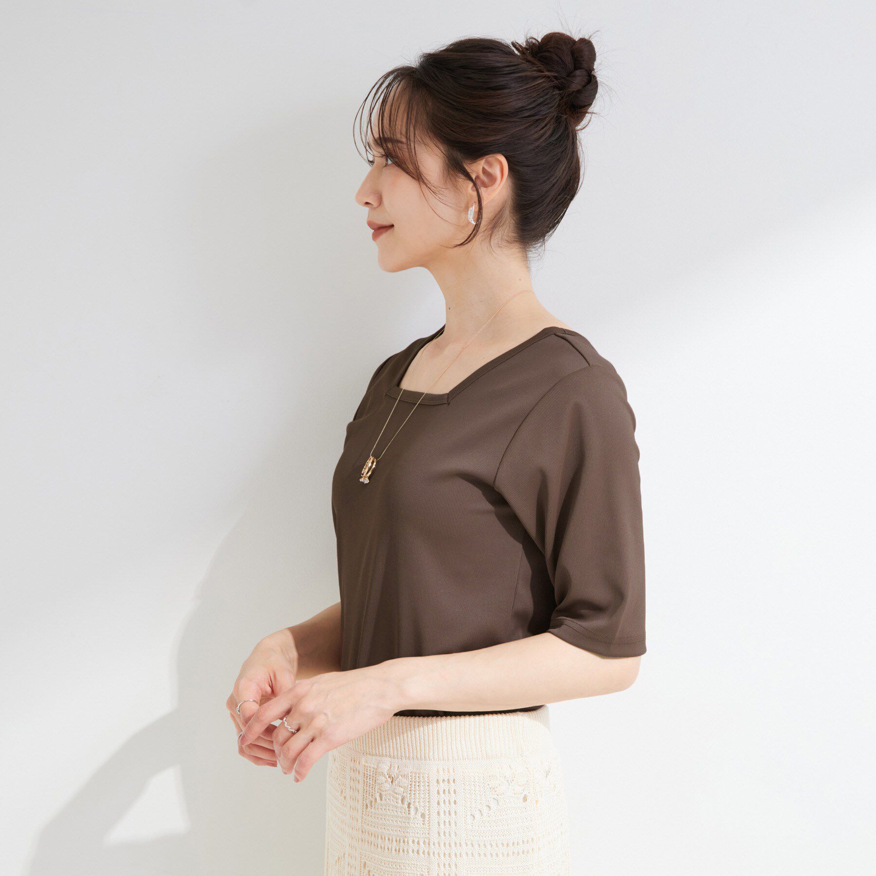 SHOO･LA･RUE「【ひんやり/前後2WAY/S-LL】着回しやすい 5分袖テレコトップス」|Tシャツ・カットソー|