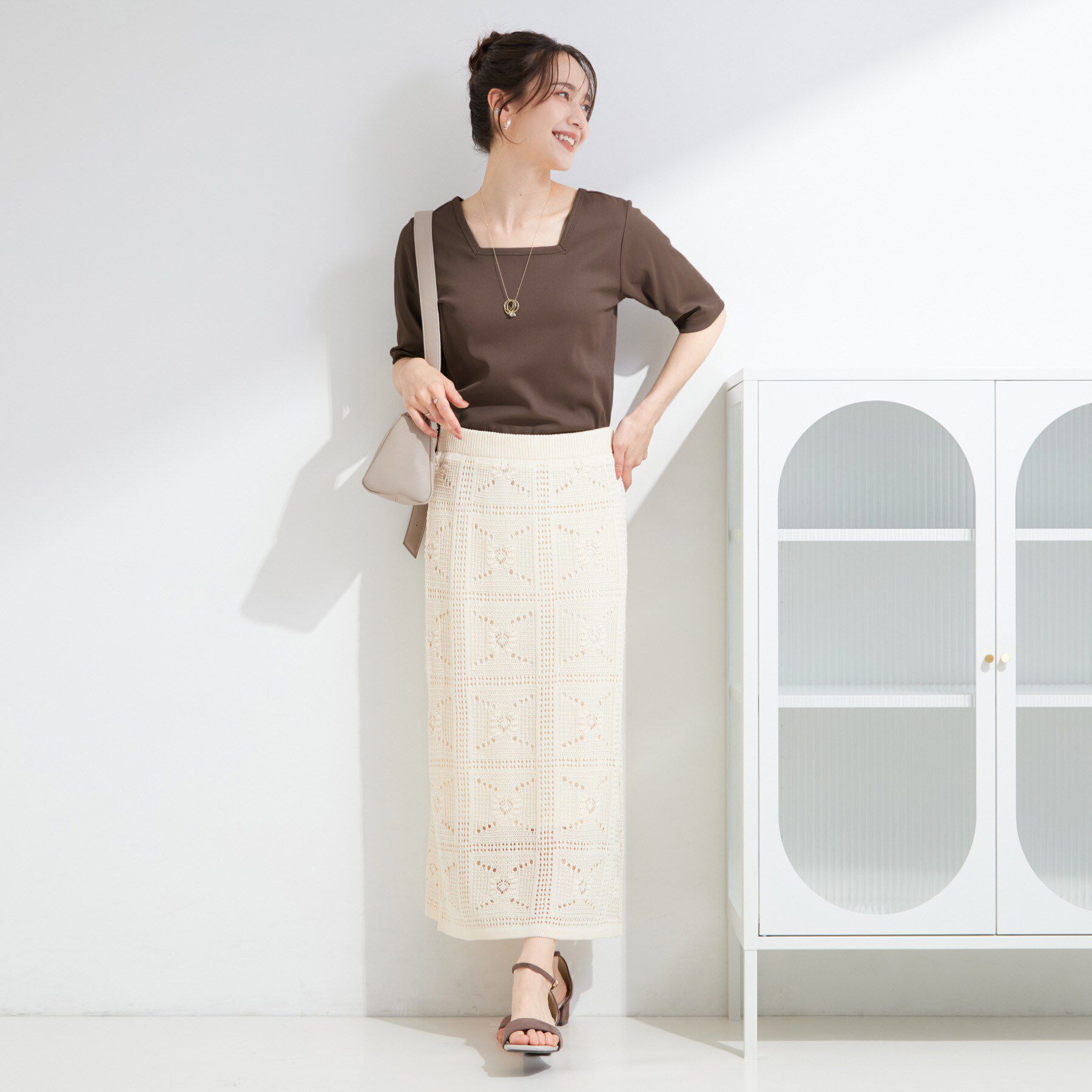 SHOO･LA･RUE「【ひんやり/前後2WAY/S-LL】着回しやすい 5分袖テレコトップス」|Tシャツ・カットソー|