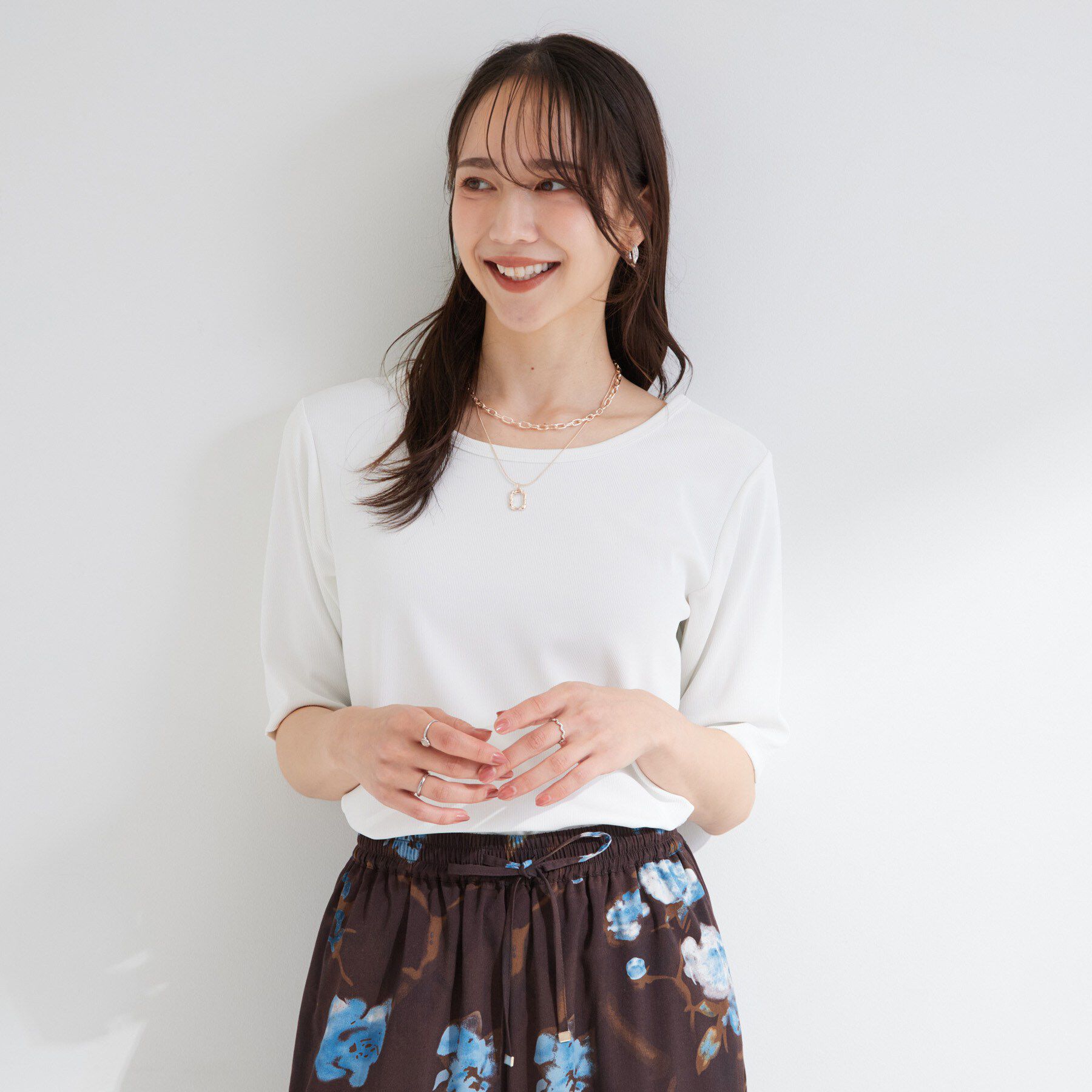SHOO･LA･RUE「【ひんやり/前後2WAY/S-LL】着回しやすい 5分袖テレコトップス」|Tシャツ・カットソー|