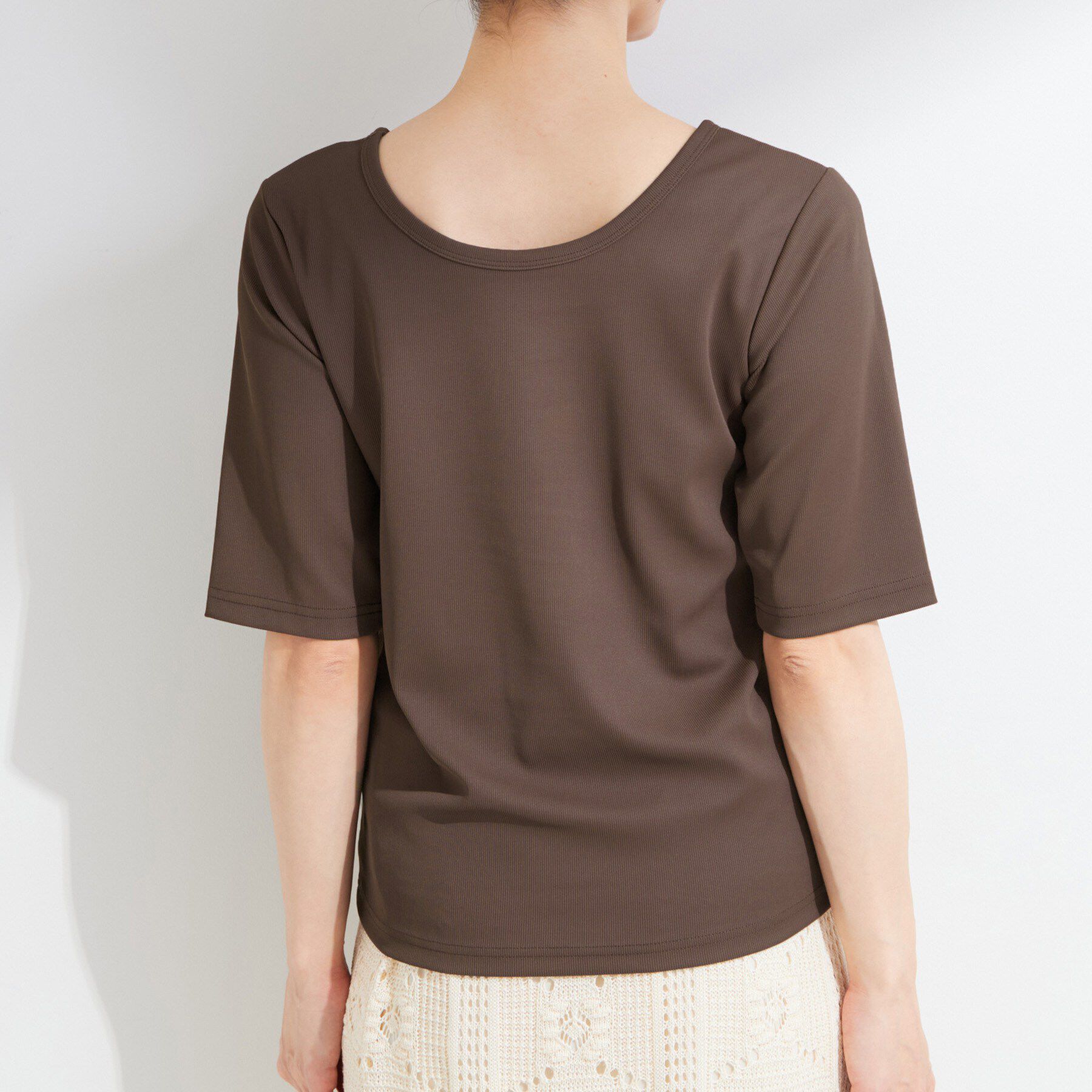 SHOO･LA･RUE「【ひんやり/前後2WAY/S-LL】着回しやすい 5分袖テレコトップス」|Tシャツ・カットソー|