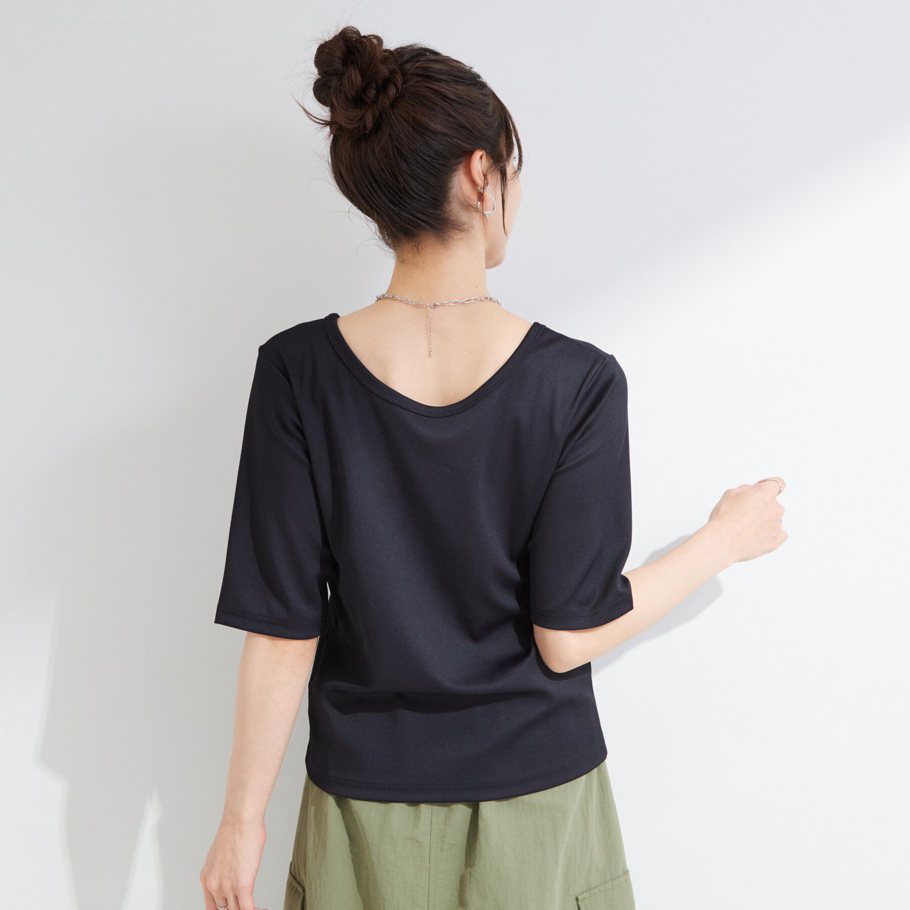 SHOO･LA･RUE「【ひんやり/前後2WAY/S-LL】着回しやすい 5分袖テレコトップス」|Tシャツ・カットソー|