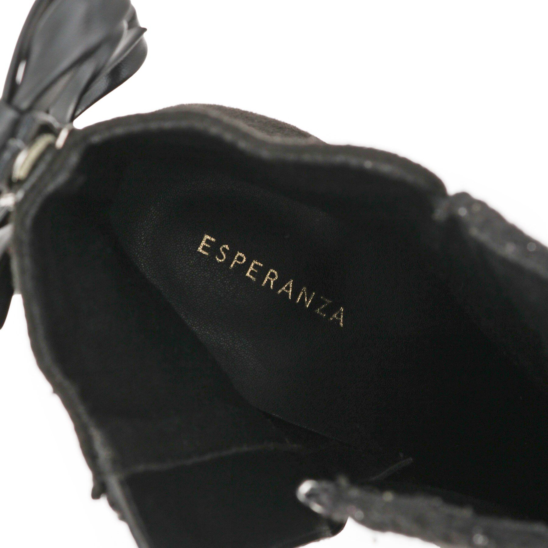 ESPERANZA「【ラク盛り/ショートブーツ】リピーター続出／脚長美脚 バックリボングリッターヒールショートブーツ」|ショートブーツ|