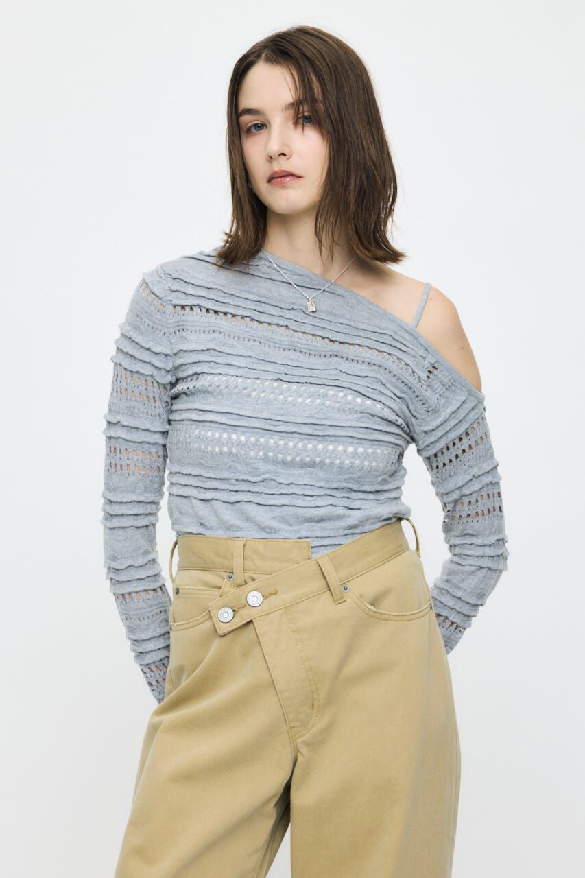 MOUSSY「RANDOM STRIPE OFF SHOULDER トップス」|ニット・セーター|T.GRY