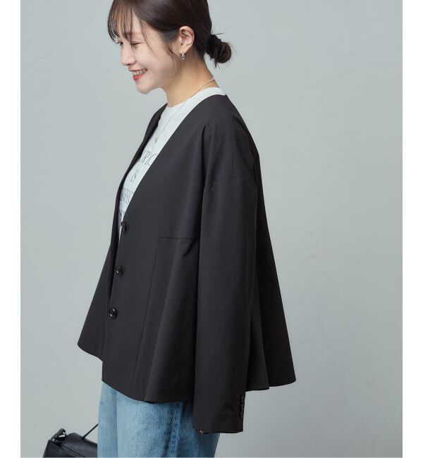 JOURNAL STANDARD「リネンナイロンストレッチフレアジャケット」|ノーカラージャケット|ブラック