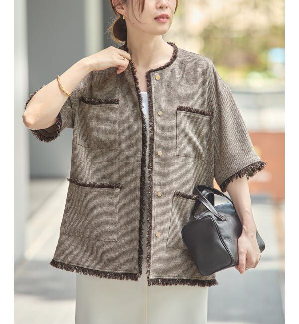 journal standard L'essage「TWEEDY MESH ショートスリーブジャケット」|ノーカラージャケット|ベージュ A