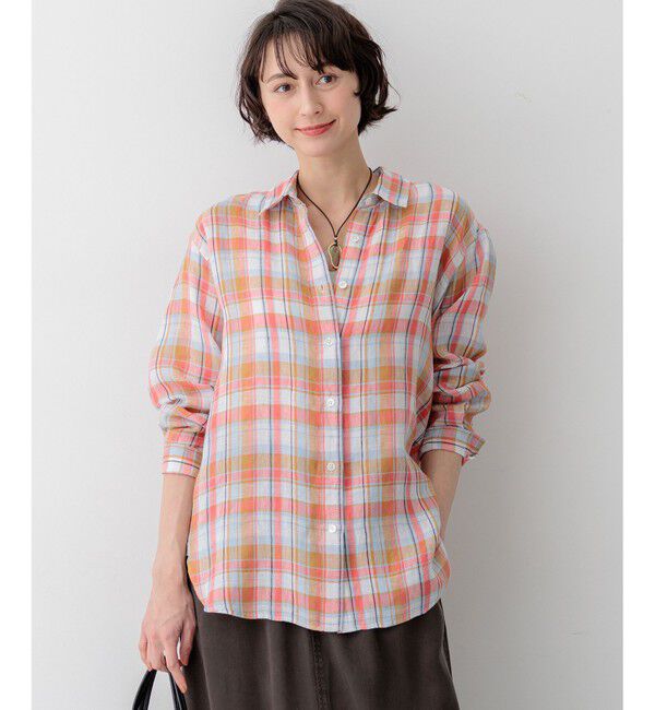 23区「【見上愛さん着用】LIBECOリネン チェック シャツ」|シャツ・ブラウス|オレンジ系