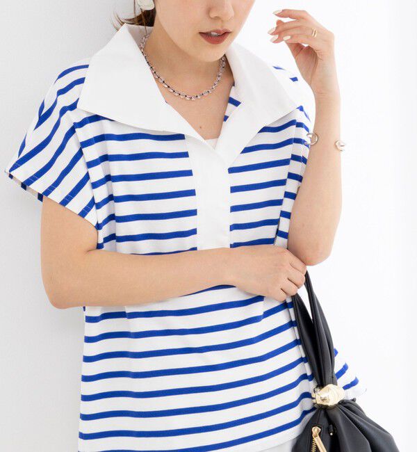 NOLLEY'S「【BECシリーズ】ウォッシャブルオープンカラーボーダーコクーンT」|Tシャツ・カットソー|