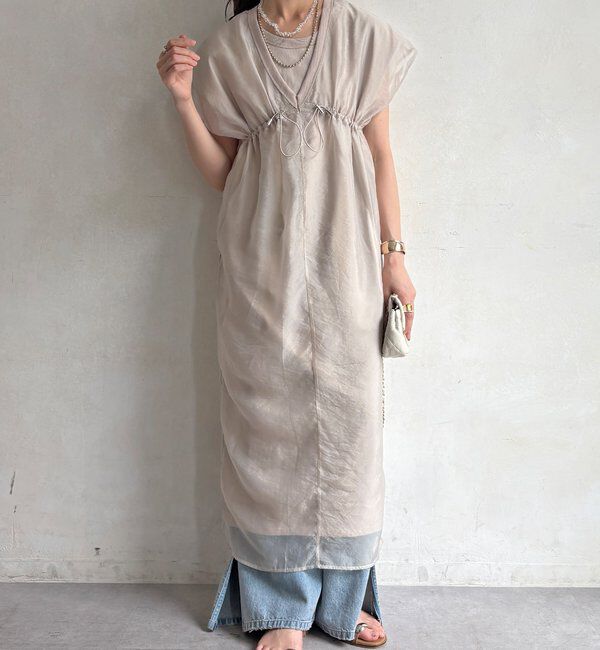  「【WEB限定】キャップスリーブシアー切替ワンピース」|ワンピース|グレージュ