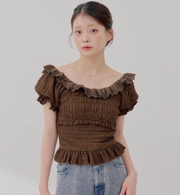  「【セットアップ対応】シャーリングパフスリーブトップス」|Tシャツ・カットソー|