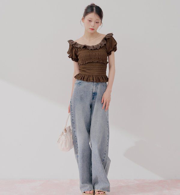  「【セットアップ対応】シャーリングパフスリーブトップス」|Tシャツ・カットソー|