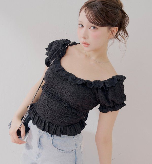  「【セットアップ対応】シャーリングパフスリーブトップス」|Tシャツ・カットソー|ブラック