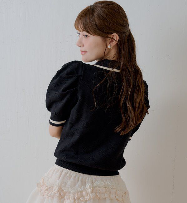  「【SALON  by Chico】Vネックポロ半袖ニット」|ニット・セーター|