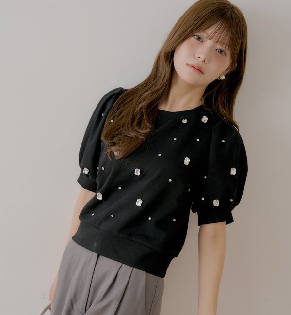 「【SALON  by Chico】パフ袖ランダムビジュースウェット」|Tシャツ・カットソー|