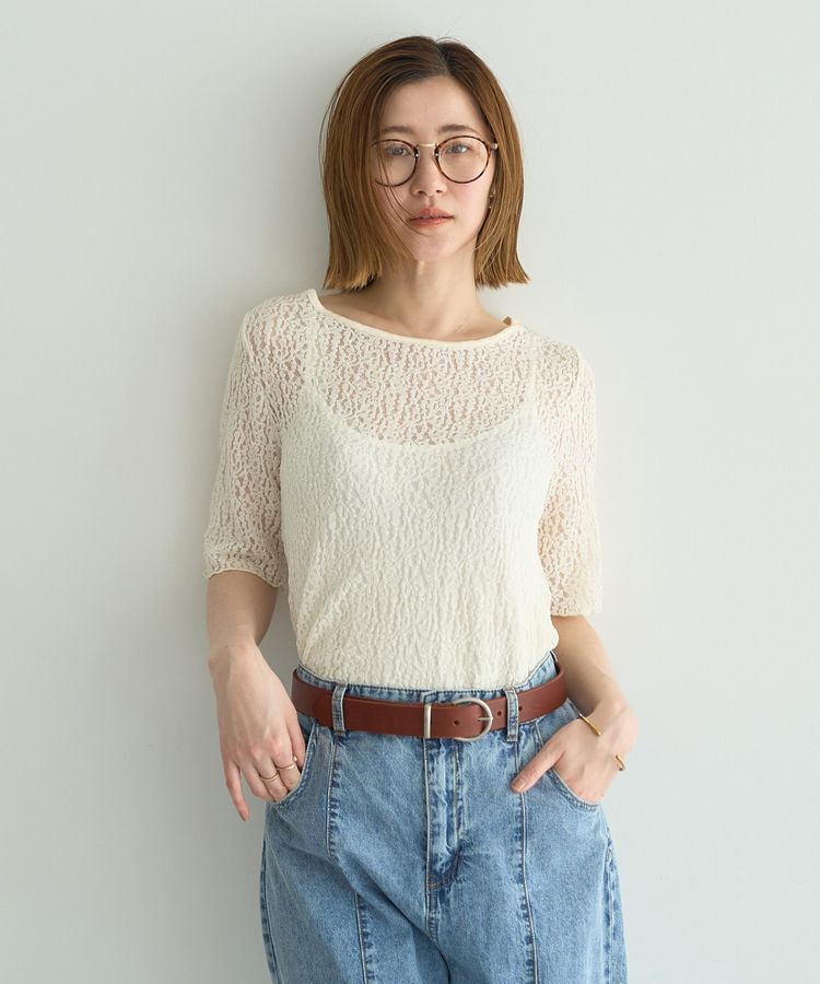 YECCA VECCA「5分袖レースシアートップス」|Tシャツ・カットソー|