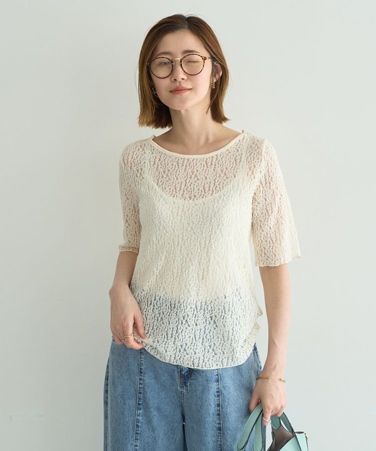 YECCA VECCA「5分袖レースシアートップス」|Tシャツ・カットソー|