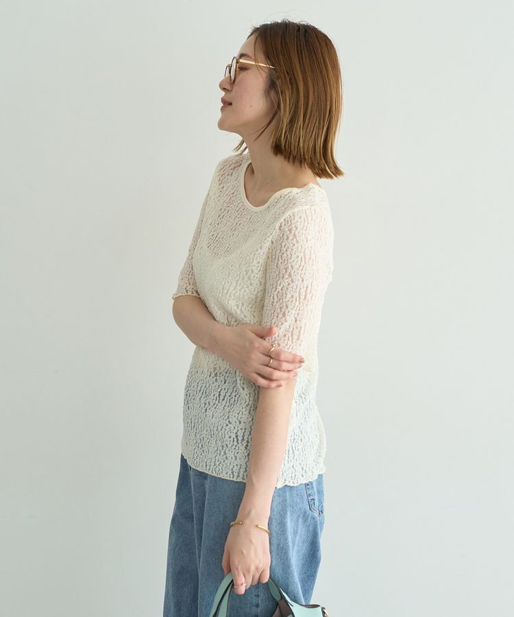 YECCA VECCA「5分袖レースシアートップス」|Tシャツ・カットソー|