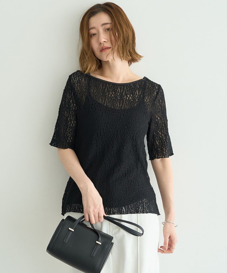 YECCA VECCA「5分袖レースシアートップス」|Tシャツ・カットソー|Black