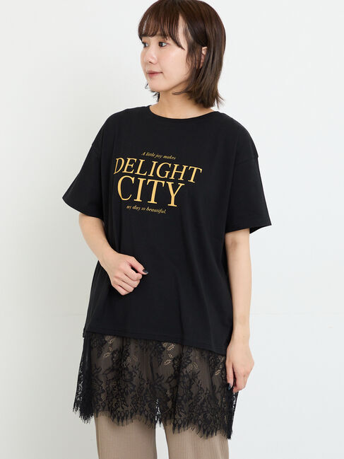 Samansa Mos2「【接触冷感】裾レースロゴプリントチュニック」|Tシャツ・カットソー|ブラック