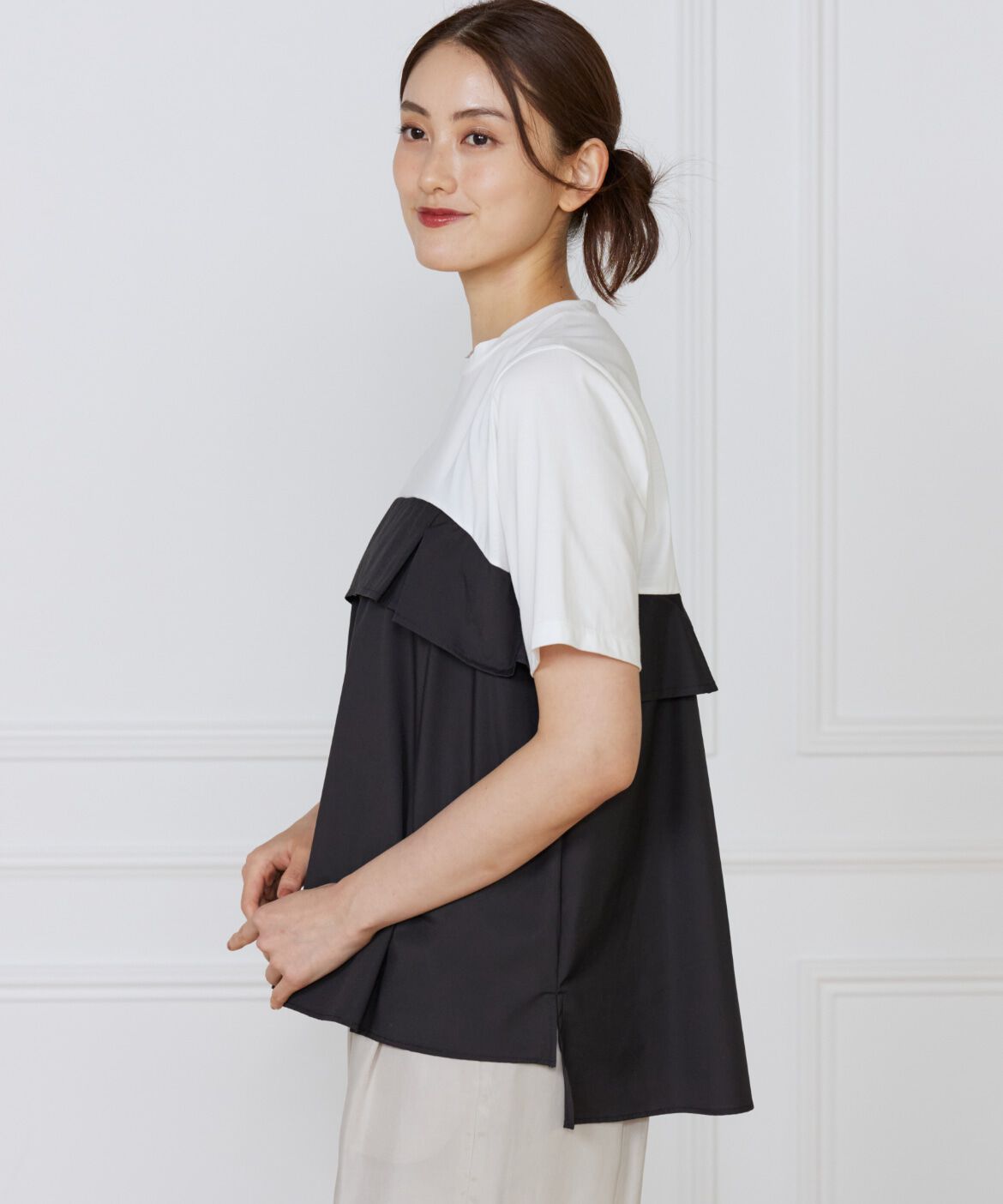 INED「《大きいサイズ》ビスチェ風コンビ ジャージー トップス」|Tシャツ・カットソー|ホワイト