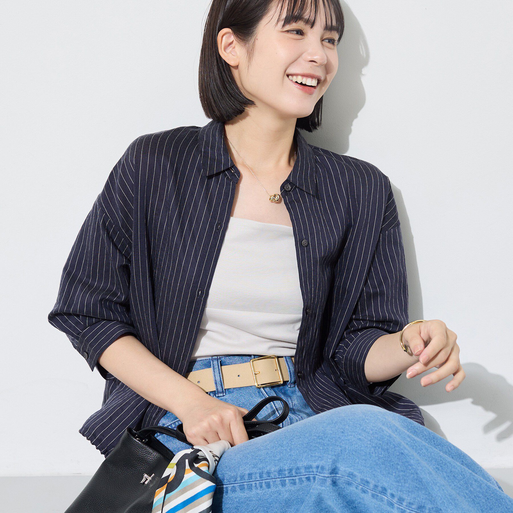 INDIVI「【シアー／7分袖】体型カバーゆったりシャツ」|シャツ・ブラウス|ネイビー(394)