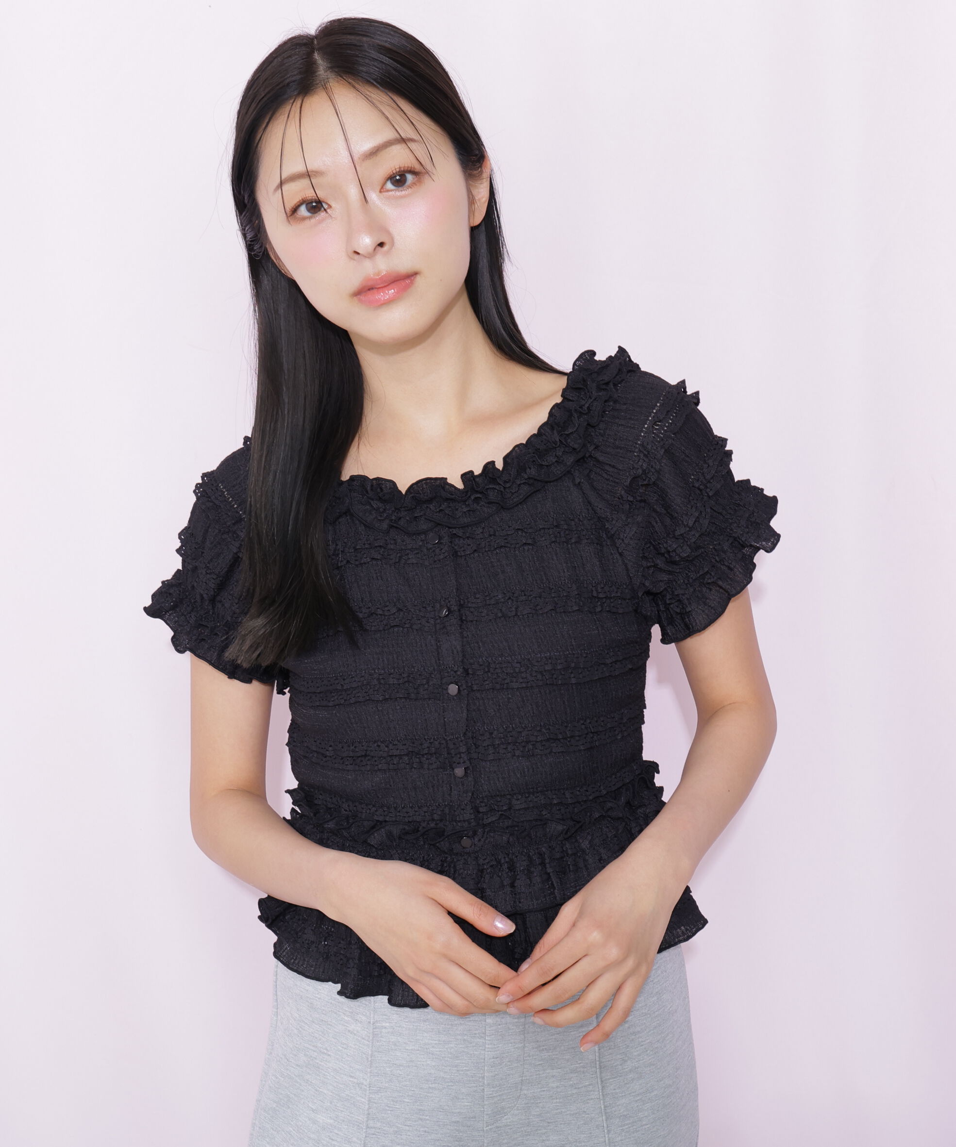  「フリルカットソートップス」|Tシャツ・カットソー|ブラック
