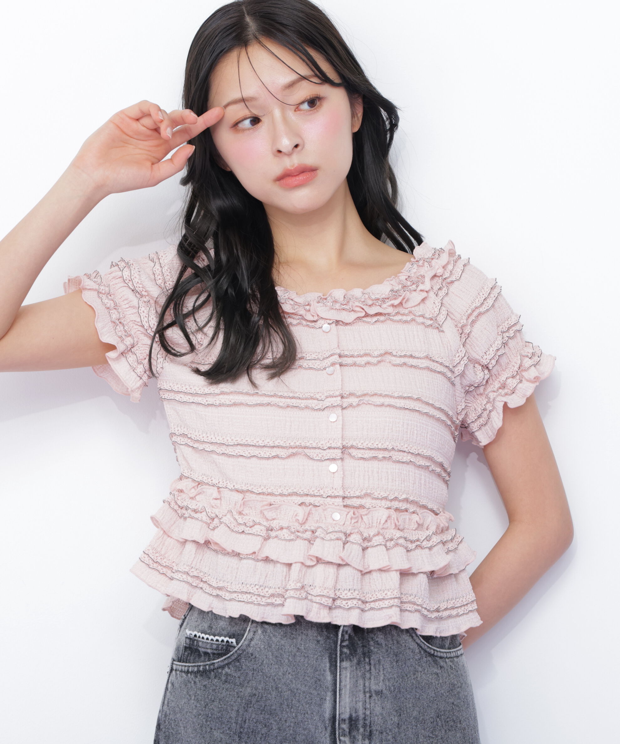  「フリルカットソートップス」|Tシャツ・カットソー|ピンク