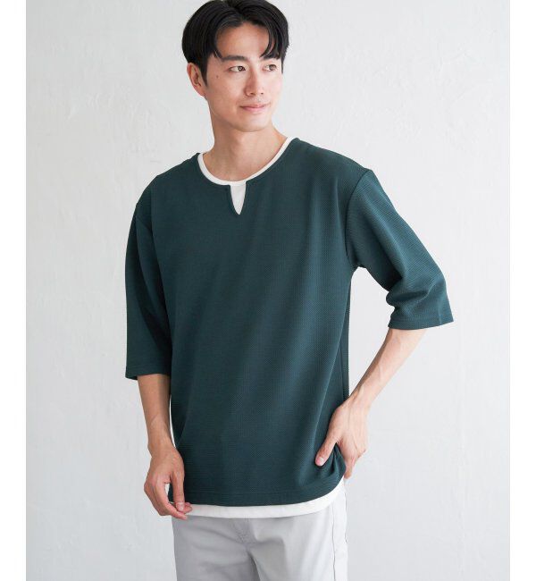 ikka「キーネックレイヤード7分袖Tシャツ」|Tシャツ・カットソー|グリーン