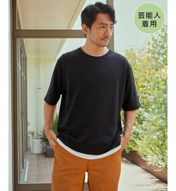 ikka「冷感DRYリップル5分袖Tシャツ」|Tシャツ・カットソー|ブラック
